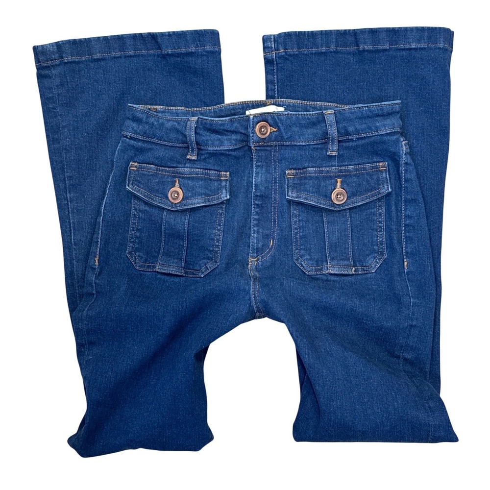LOFT The Slim Flare Jeans Dark Wash High Rise Front Patch Pocket Denim Size 8 29